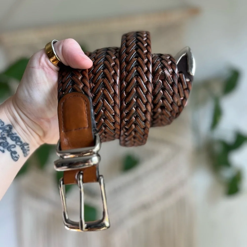Vintage Perry Ellis Portfolio Woven Leather Belt Brown Braided Western Size 42